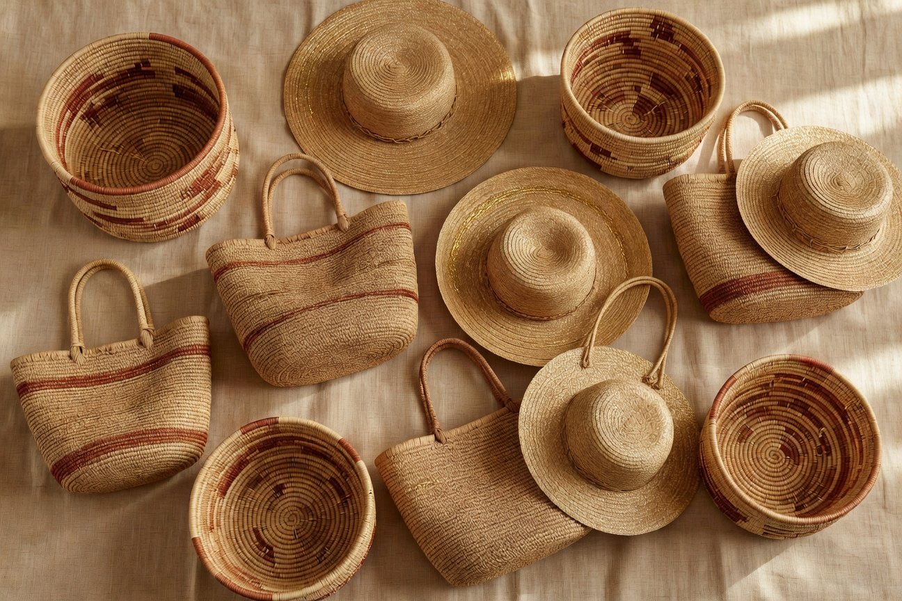 Artisanat malgache, marocain et ghanéen — paniers en raphia, chapeaux et sacs faits main